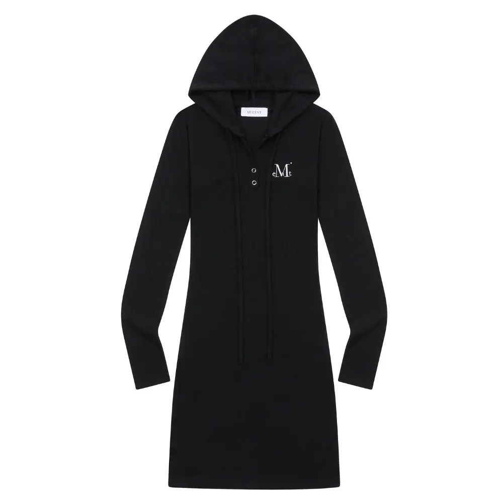 韓國 MUCENT SIAN HOOD NECK OPS 後背刺繡Logo 修身連帽洋裝 黑色Black