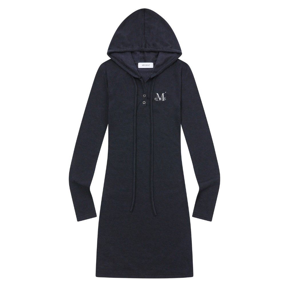 韓國 MUCENT SIAN HOOD NECK OPS 後背刺繡Logo 修身連帽洋裝 炭灰Charcoal