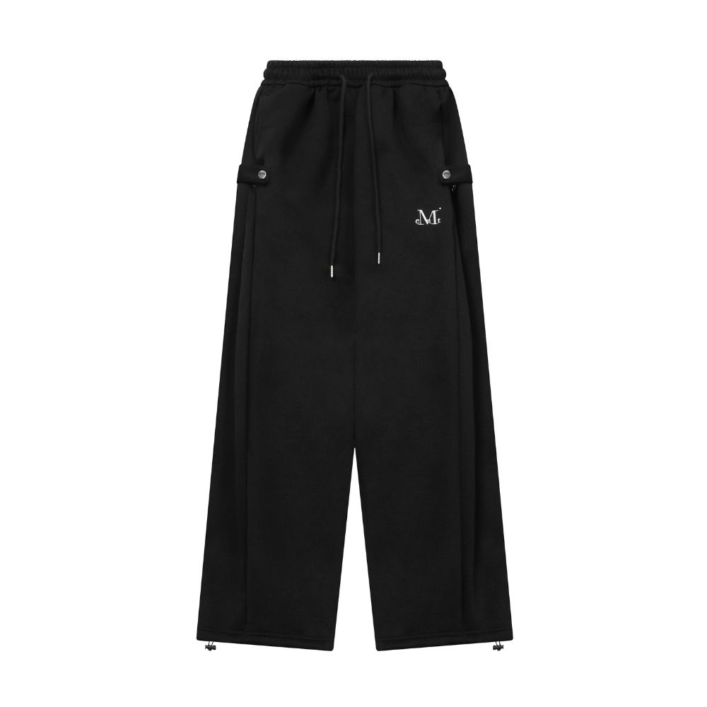 韓國 MUCENT WEIR SIDE BUTTON SWEAT PANTS UNISEX 側邊釦環抽繩長褲 黑色(薄款)Black(Thin)