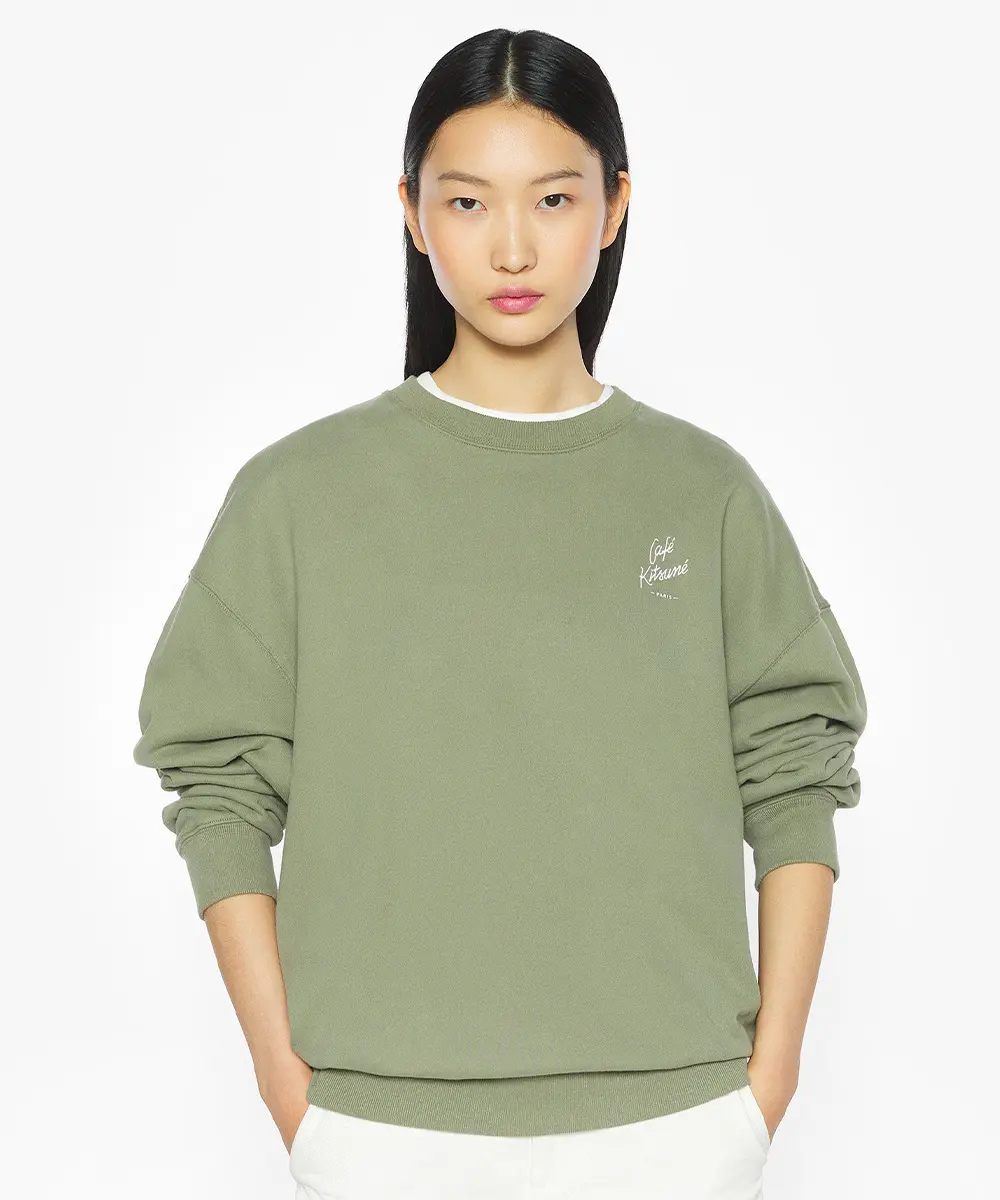 CAFÉ KITSUNÉ 深卡其手繪LOGO寬版衛衣/中性/ M