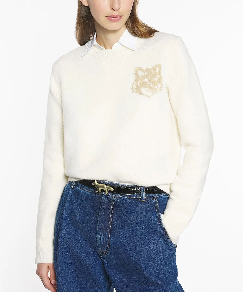 MAISON KITSUNÉ 沙米色嵌花針織狐狸頭圓領毛衣_女/ S