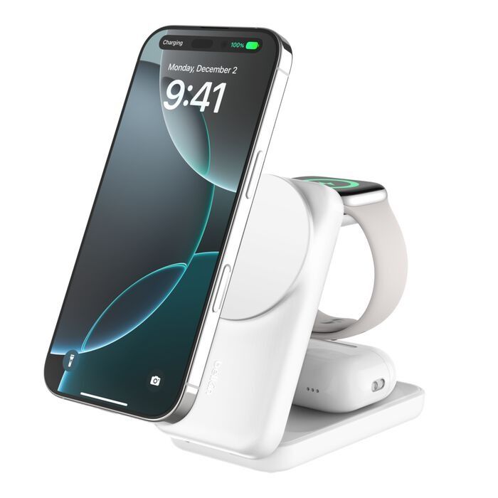 Belkin 貝爾金 UltraCharge Qi2 25W三合一折疊式磁吸充電器 WIZ036/ 白色