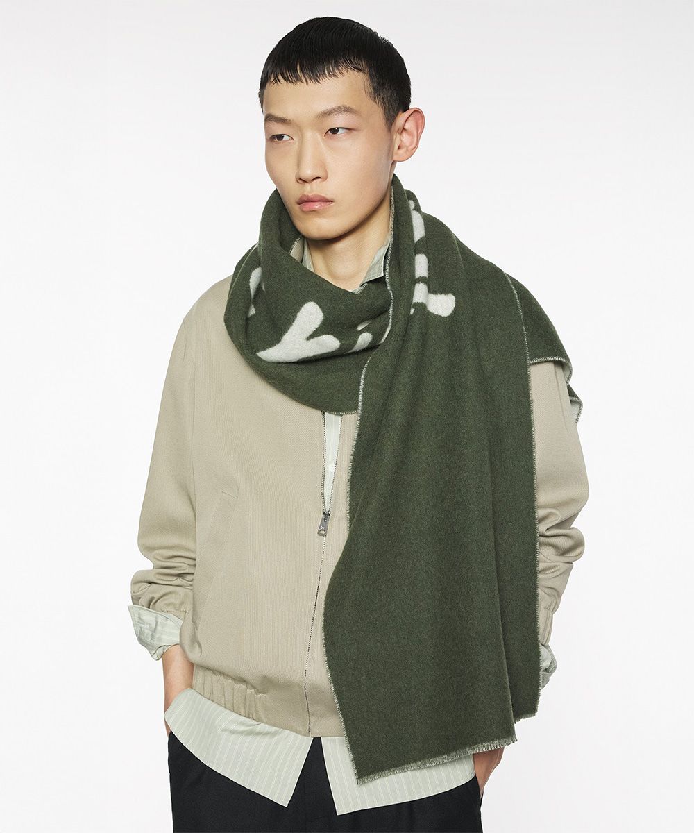 MAISON KITSUNÉ 遊騎兵綠大手繪LOGO羊毛混紡圍巾