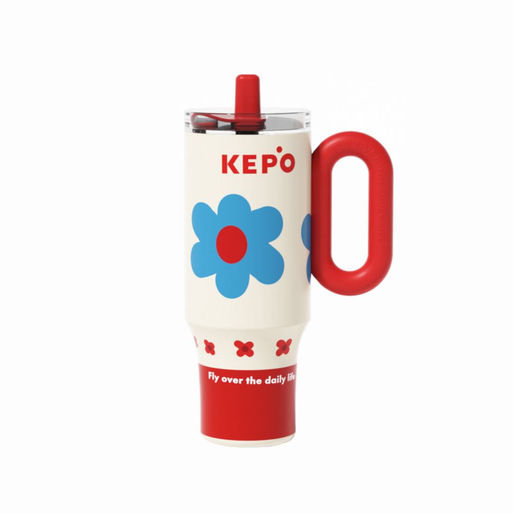 KEPO 1200ml KC007巨無霸吸管保溫保冷杯花園冰霸杯-慵懶夏日(內膽陶瓷塗層)