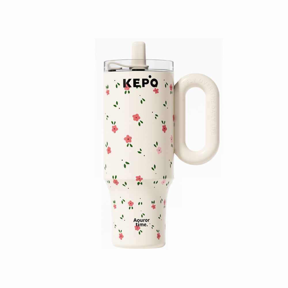 KEPO 1200ml KC007巨無霸吸管保溫保冷杯花園冰霸杯-小碎花(內膽316不銹鋼)