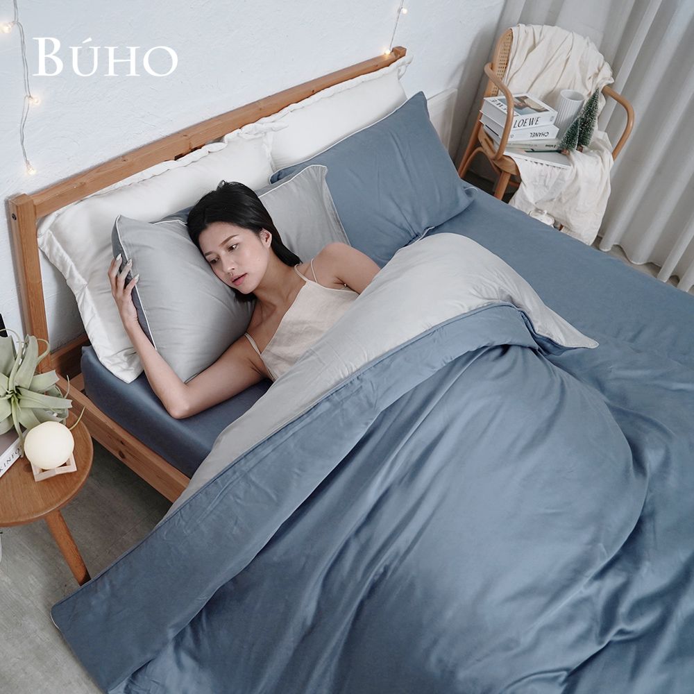 【BUHO布歐】絲滑星鑽100支純天絲™7尺雙人特大床包兩用被四件組-台灣製/ 靜沐霧藍