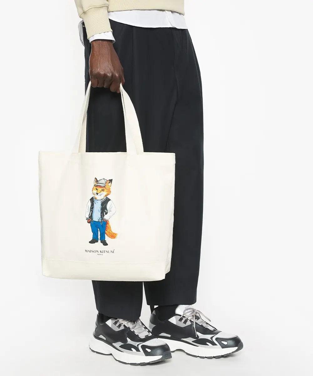 MAISON KITSUNÉ 復古象牙白穿搭狐狸LOGO托特包