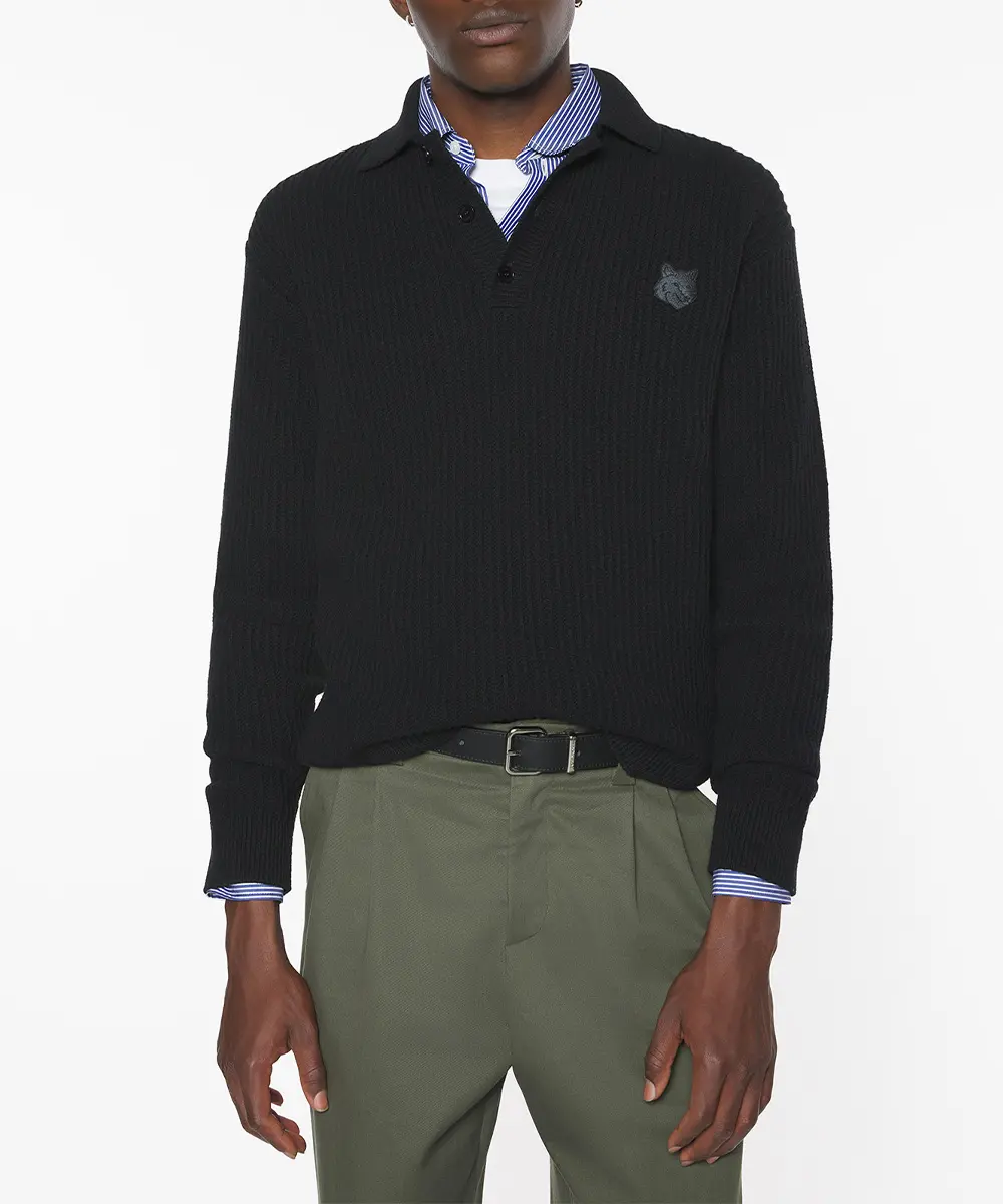 MAISON KITSUNÉ 午夜黑變化狐狸頭LOGO羅紋長袖POLO毛衣/中性/男裝/ M