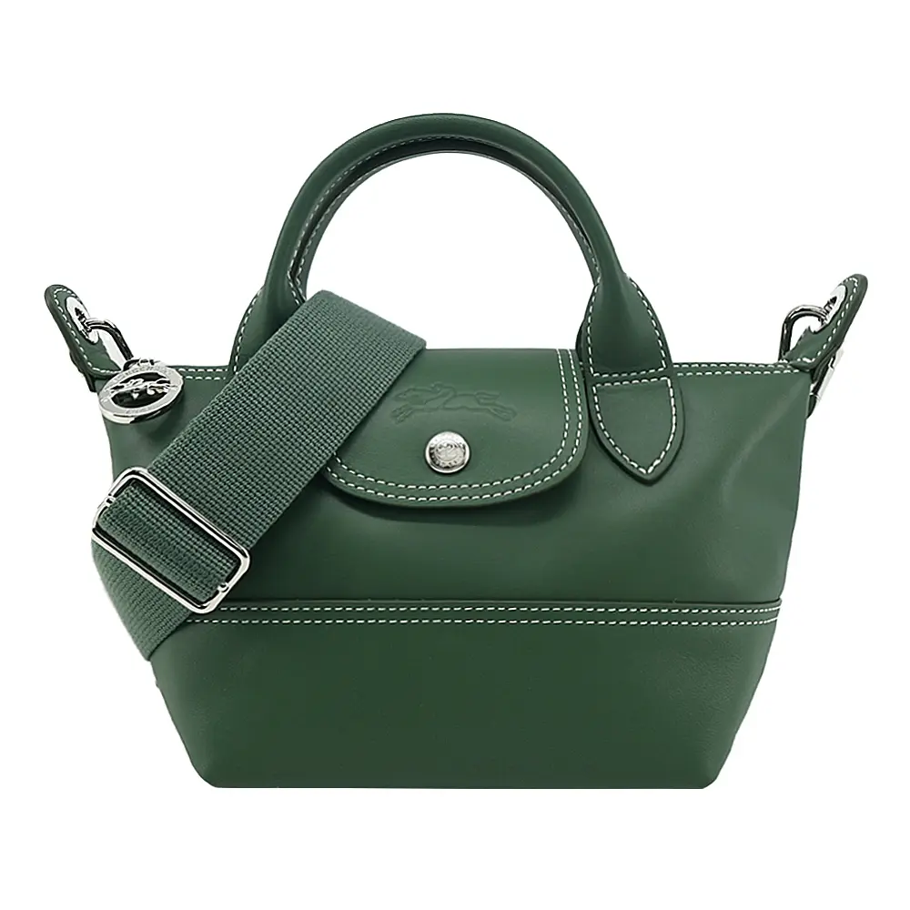 LONGCHAMP LE PLIAGE XTRA系列小牛皮白線滾邊寬背帶兩用水餃包(迷你/英式綠)/平行輸入