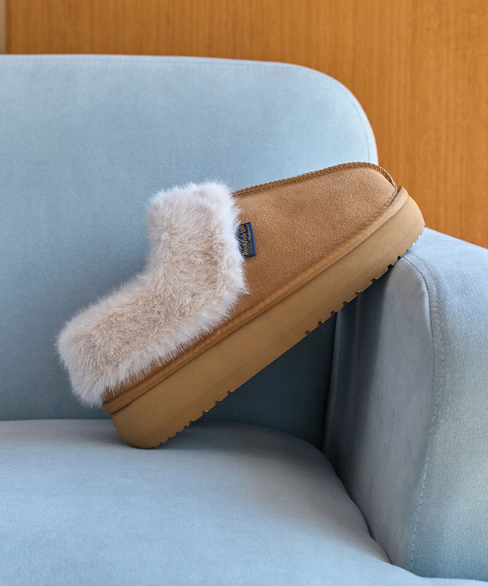韓國 Rockfish Weatherwear CLOUDY FLATFORM FUR MULES 厚底絨毛保暖穆勒鞋/ 栗棕色 CHESTNUT/ 預購 24 cm