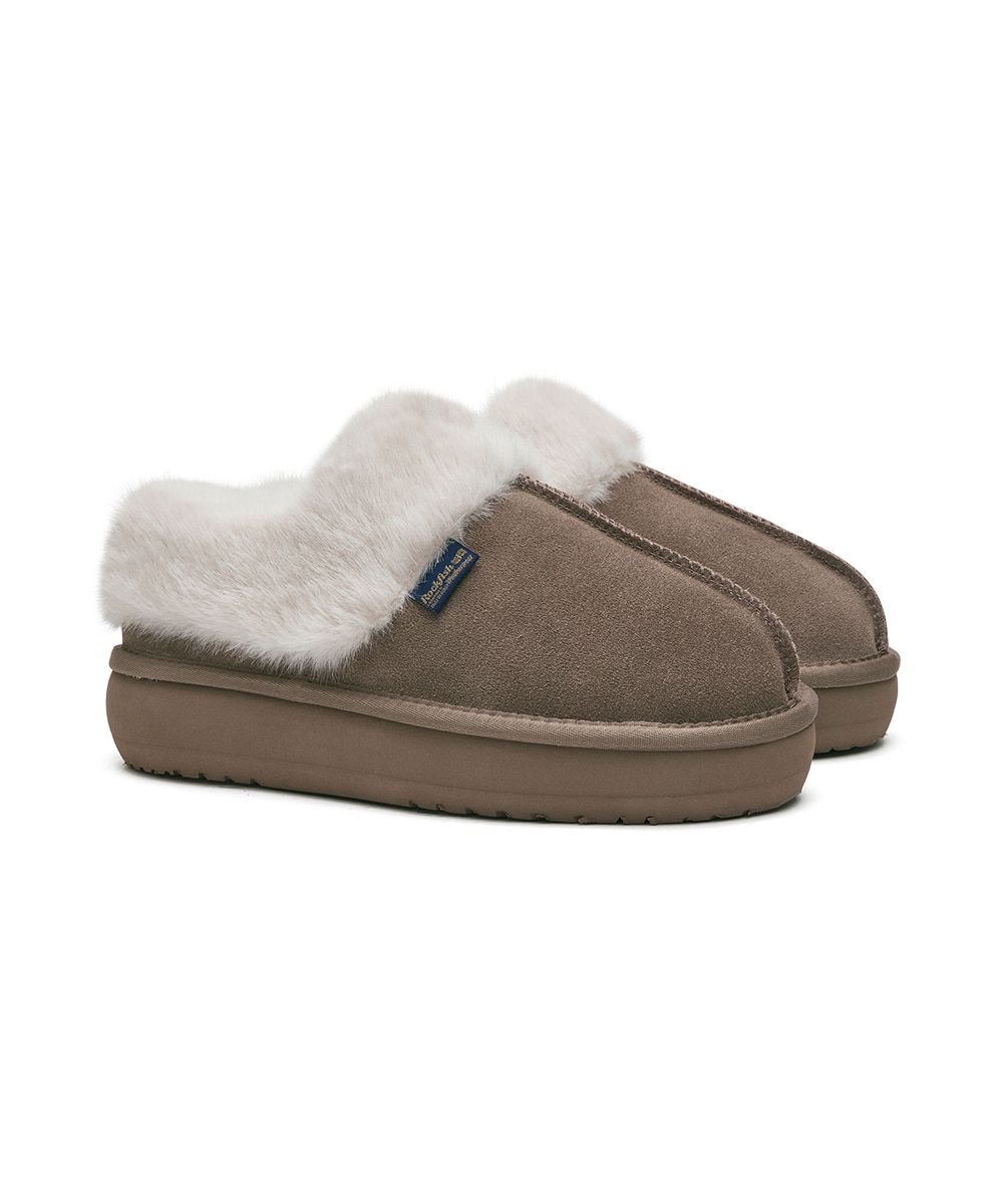 韓國 Rockfish Weatherwear CLOUDY FLATFORM FUR MULES 厚底絨毛保暖穆勒鞋/ 可可棕 COCOA/ 預購 24 cm