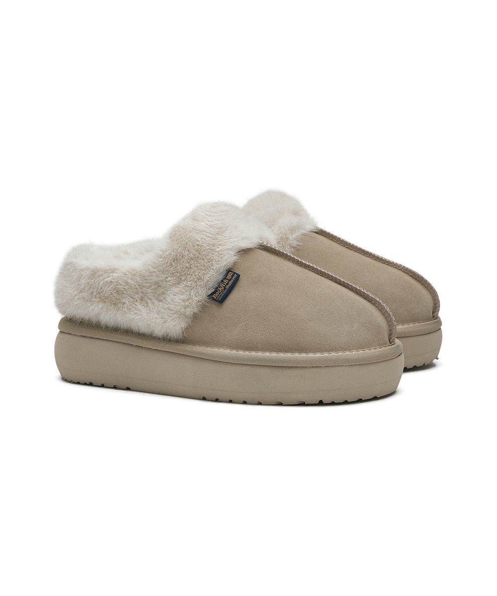 韓國 Rockfish Weatherwear CLOUDY FLATFORM FUR MULES 厚底絨毛保暖穆勒鞋/ 沙色 SAND/ 預購 25 cm