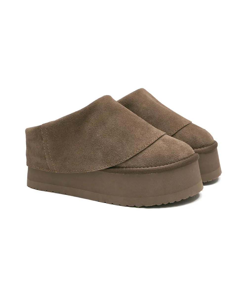 韓國 Rockfish Weatherwear MAXI FOLDED MULES 厚底摺疊絨毛穆勒鞋/ 可可棕 COCOA/ 預購 23 cm