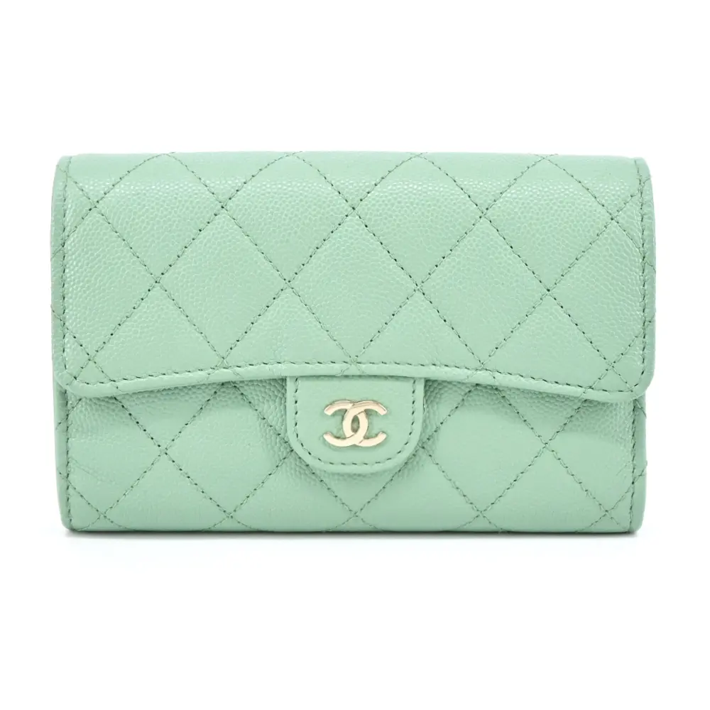 CHANEL經典雙C金屬荔枝紋小牛皮卡片/零錢夾(粉綠)/平行輸入