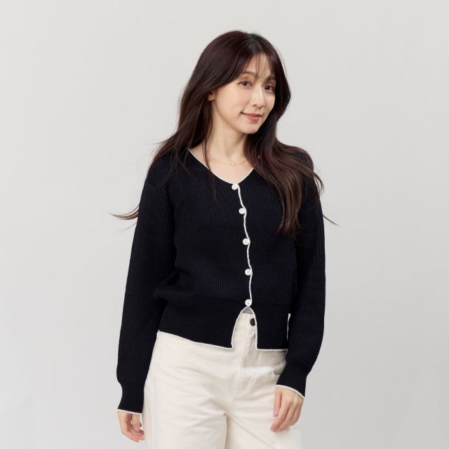 好我 so that's me Cathy手勾邊圓領針織開襟衫外套/ 黑 FREE SIZE