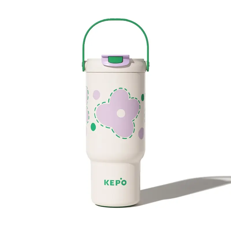 KEPO LQ 900ml KC008 手提雙飲吸管杯 316L不鏽鋼內膽-紫藤生花