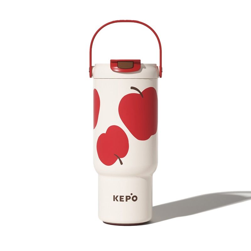 KEPO LQ 900ml KC008 手提雙飲吸管杯 316L不鏽鋼內膽-大紅蘋果