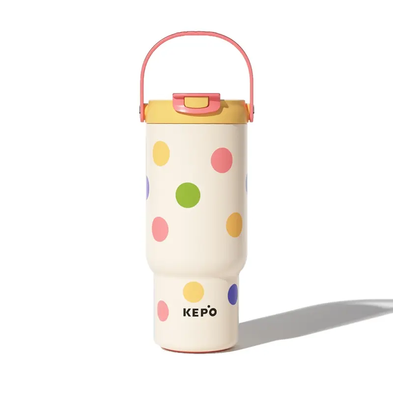 KEPO LQ 900ml KC008 手提雙飲吸管杯 316L不鏽鋼內膽-多彩波點