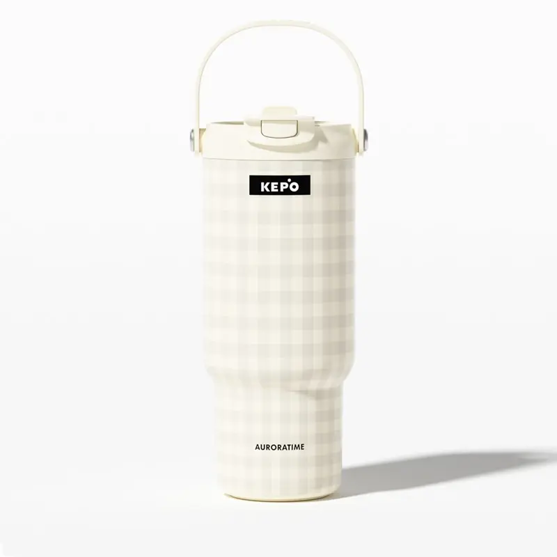 KEPO LQ 900ml KC008 手提雙飲吸管杯 316L不鏽鋼內膽-灰格燕麥