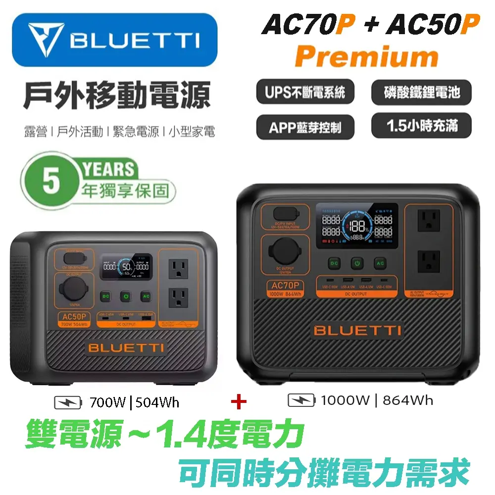 【BLUETTI】禾蓁鉑金版 AC70P 1000W + AC50P 700W 戶外移動電源 露營電池 UPS