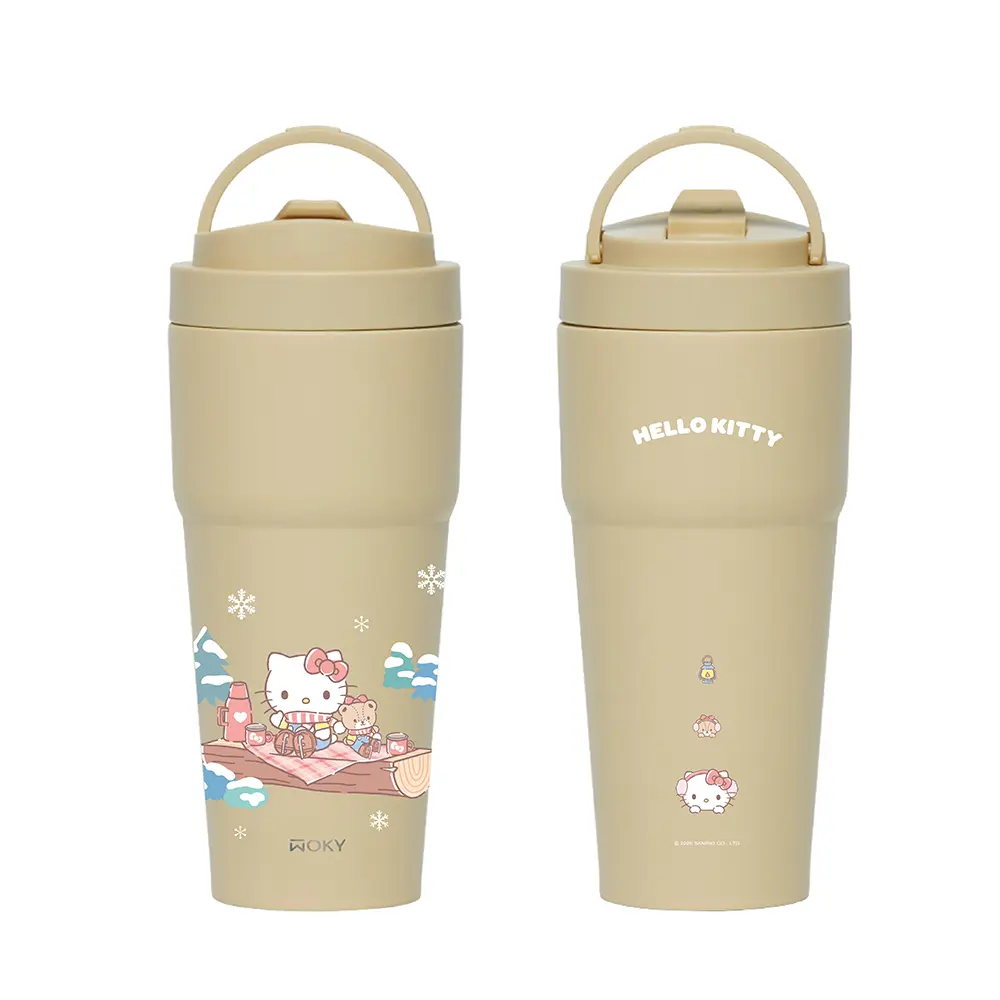 WOKY沃廚 X SANRIO-[●●]渾圓杯/ 雙層陶瓷/ 750ml/ Hello Kitty/ 奶茶