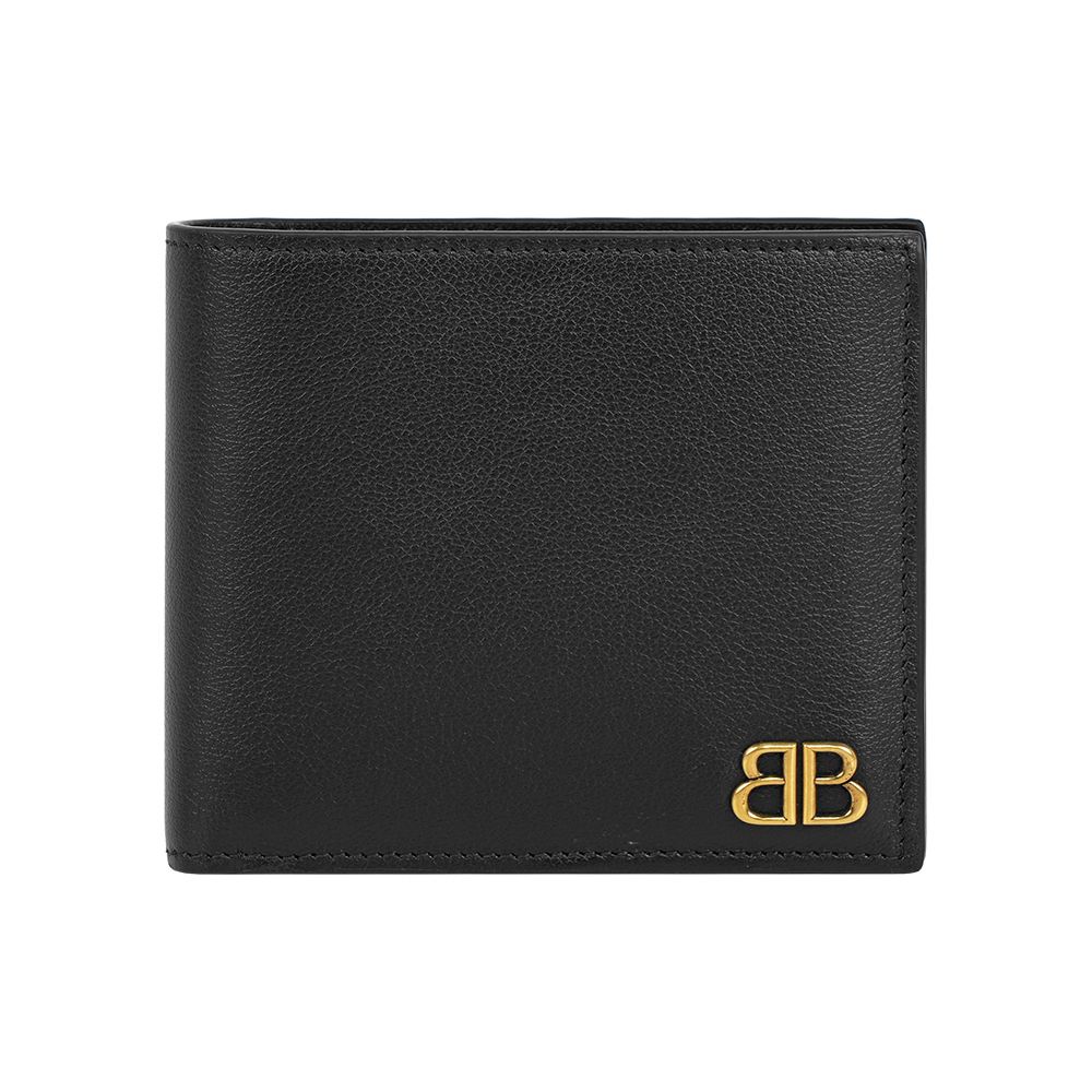 【BALENCIAGA】Monaco BB Logo 金字小牛皮8卡對開短夾(黑色)/ 平行輸入