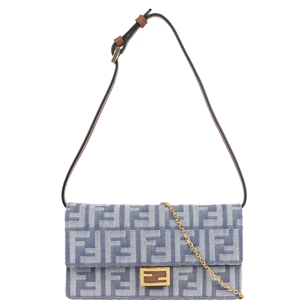 【FENDI】Baguette FF Logo 牛仔緹花二用皮夾式鍊包/WOC(藍色)/ 平行輸入