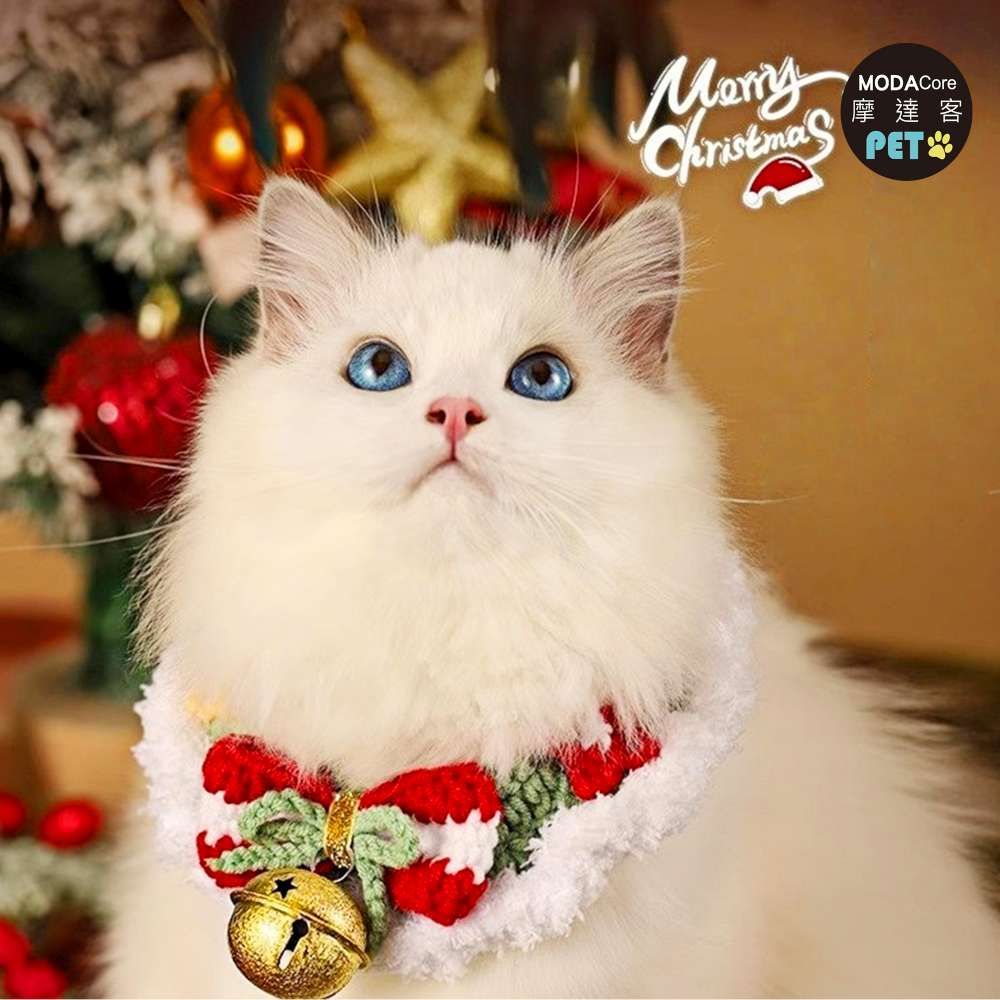 【摩達客寵物】聖誕風白綠編織蝴蝶結大鈴鐺領巾圍巾圍脖圍兜兜-_中小型貓狗適用/ L