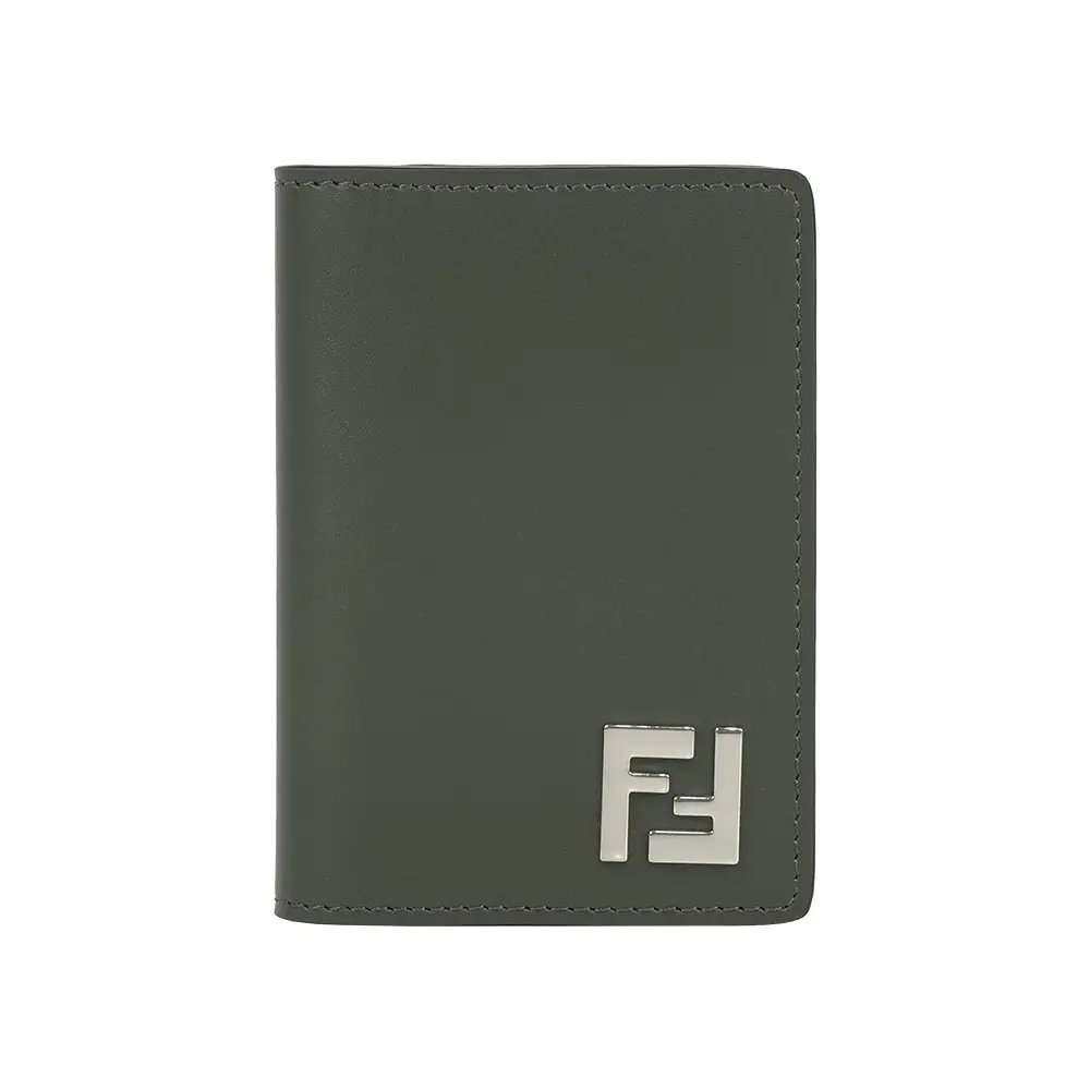 【FENDI】FF Logo 小牛皮及塗層帆布二折卡片夾/名片夾(軍綠色)/ 平行輸入