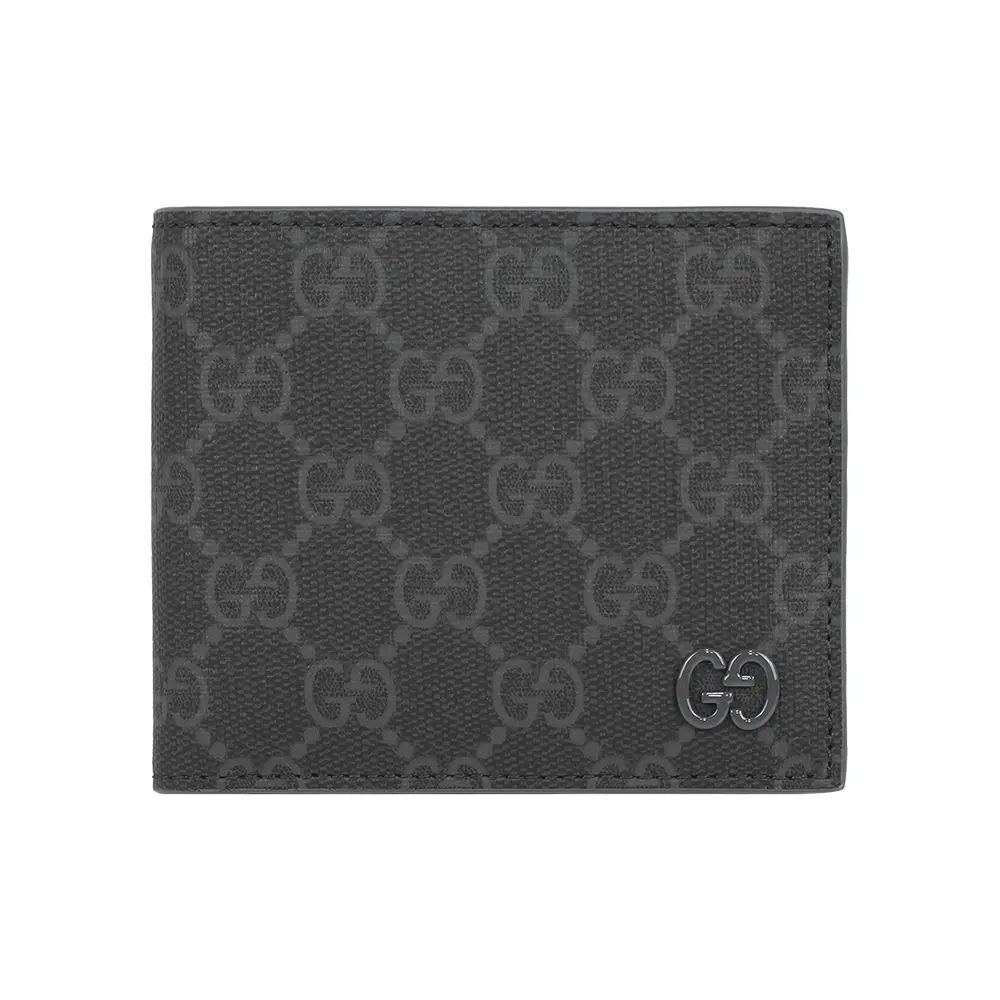 【GUCCI】灰色GG Logo 塗層帆布對開8卡短夾(黑色/灰色)/ 平行輸入