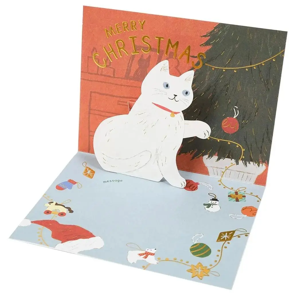 日本 Greeting Life 立體聖誕卡/ 淘氣貓咪/ 白貓/ LE-30