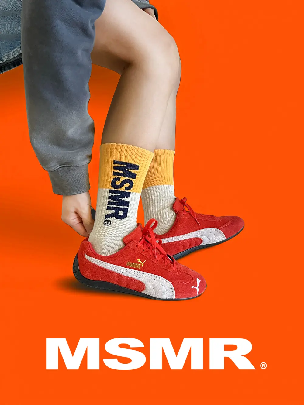 韓國 MSMR 中筒襪/ Half color Crew socks/ 白+橘/ 禮物套組