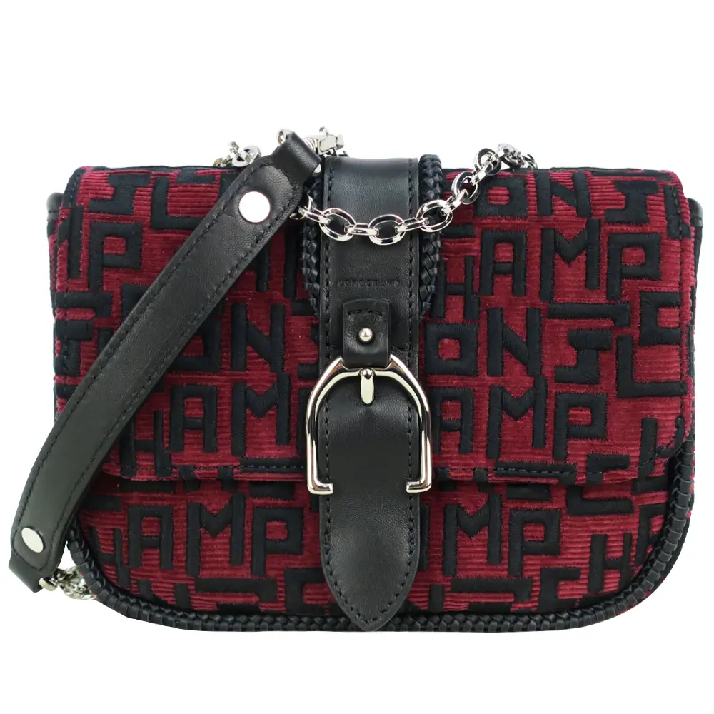 LONGCHAMP AMAZONE系列LGP刺繡蓮蓬鏈帶斜背包(迷你/黑醋栗)/平行輸入