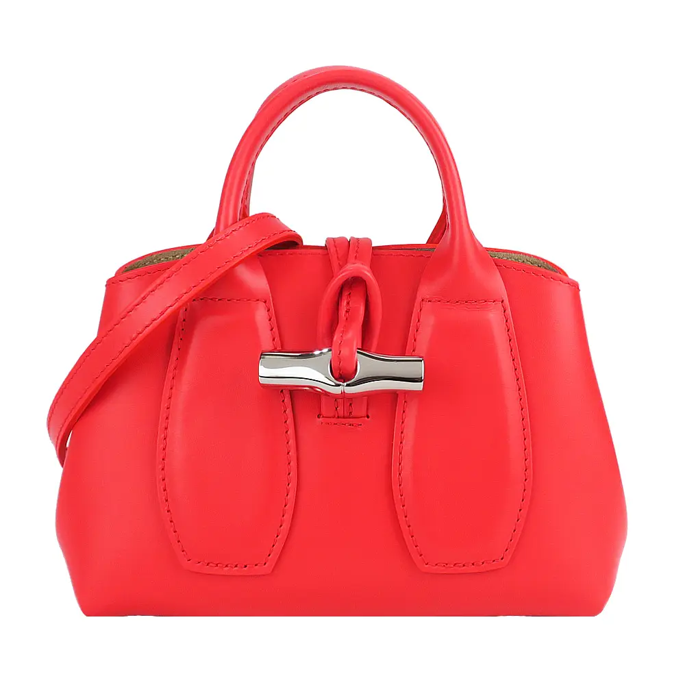 LONGCHAMP ROSEAU系列竹節滑面牛皮手提/斜背兩用包(小/罌粟紅)/平行輸入