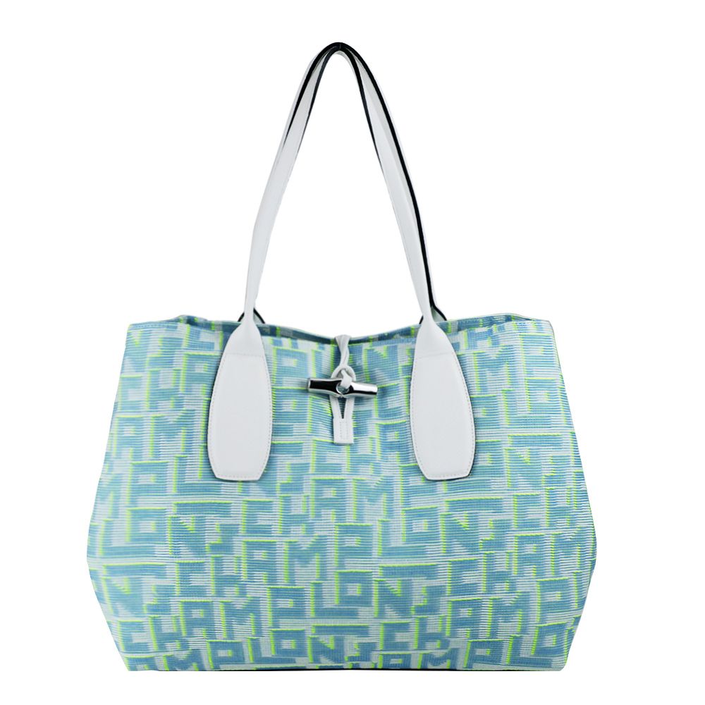 LONGCHAMP ROSEAU系列竹節LGP滿版刺繡帆布托特包(特大/藍)/平行輸入