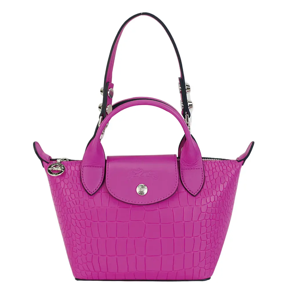 LONGCHAMP LE MINI PLIAGE CUIR系列鱷魚紋牛皮肩背/手提兩用水餃包(桃粉)/平行輸入