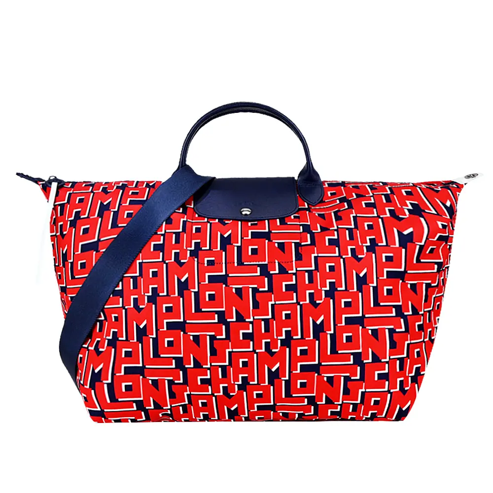LONGCHAMP LE PLIAGE LGP系列滿版字母尼龍兩用水餃旅行袋(大/紅X海軍藍)/平行輸入