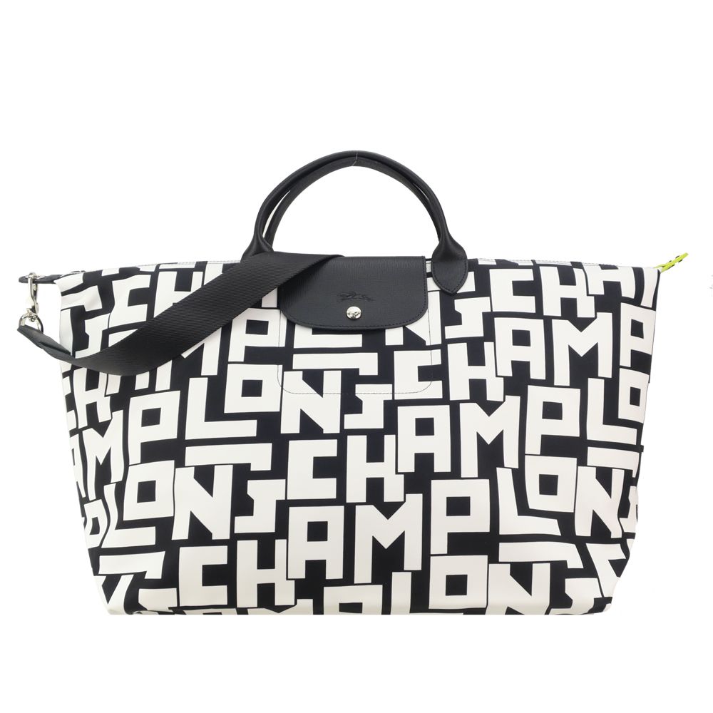 LONGCHAMP LE PLIAGE LGP系列滿版字母尼龍兩用水餃包(大/黑X白)/平行輸入