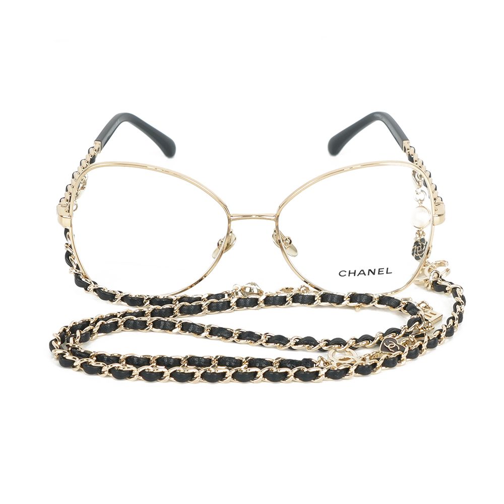 【CHANEL】附Logo 及愛心鍊帶蝴蝶框眼鏡(金色) 54mm/ 平行輸入