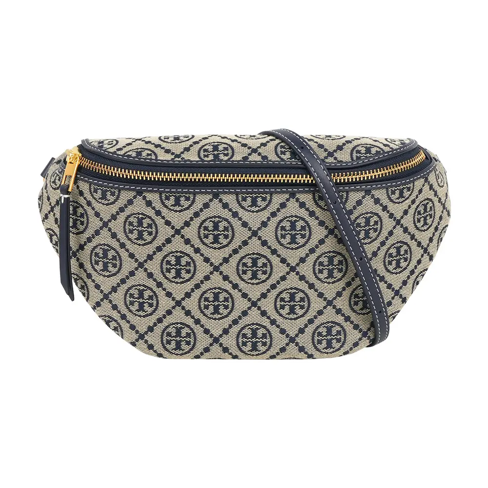 【TORY BURCH】T Monogram 標誌緹花拉鍊腰包(海軍藍)/ 平行輸入