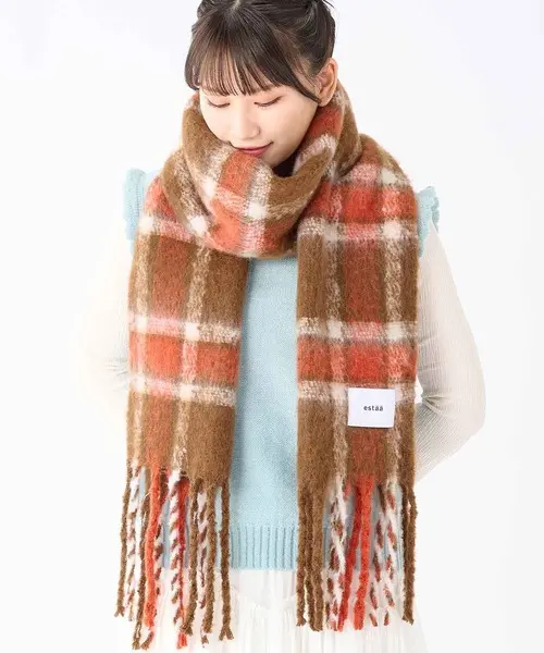 柔軟親膚➤日本 estää 澎澎溫暖長圍巾/ Classic Check/ Dark Brown