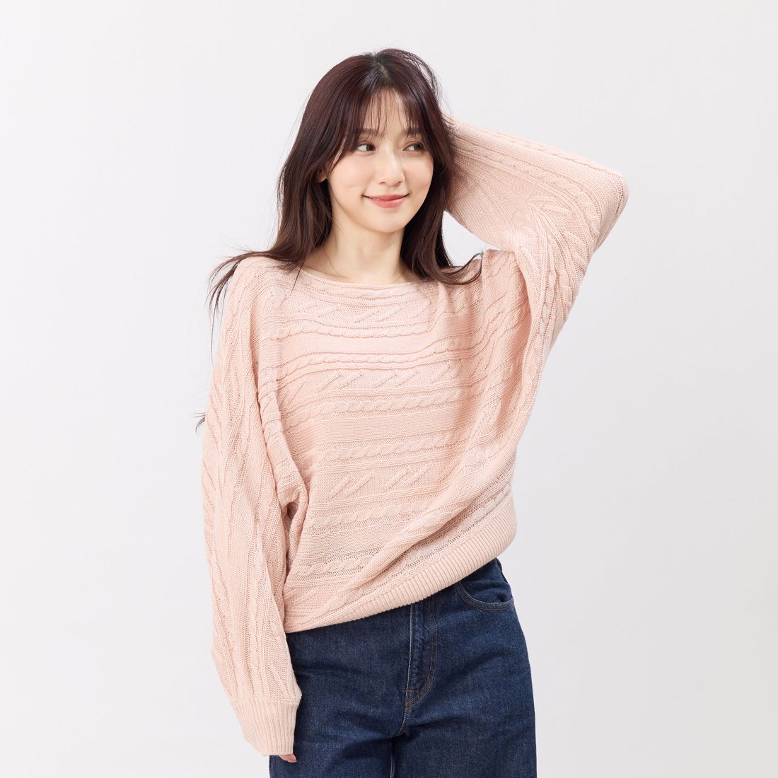 好我 so that's me Bonnie一字領麻花蝙蝠袖針織毛衣/粉 FREE SIZE