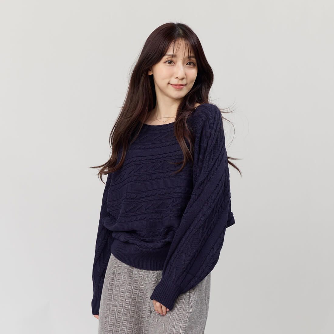 好我 so that's me Bonnie一字領麻花蝙蝠袖針織毛衣/ 深藍 FREE SIZE