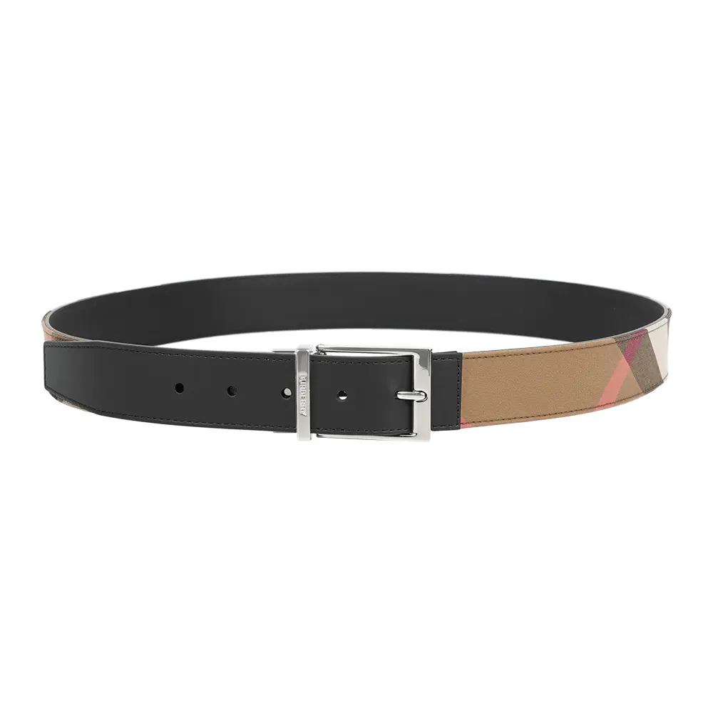 【BURBERRY】方形指針釦棉質格紋雙面可用3.5cm/85cm皮帶(灰褐色)/ 平行輸入