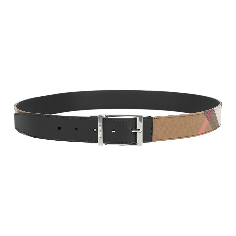 【BURBERRY】方形指針釦棉質格紋雙面可用3.5cm/105cm皮帶(灰褐色)/ 平行輸入