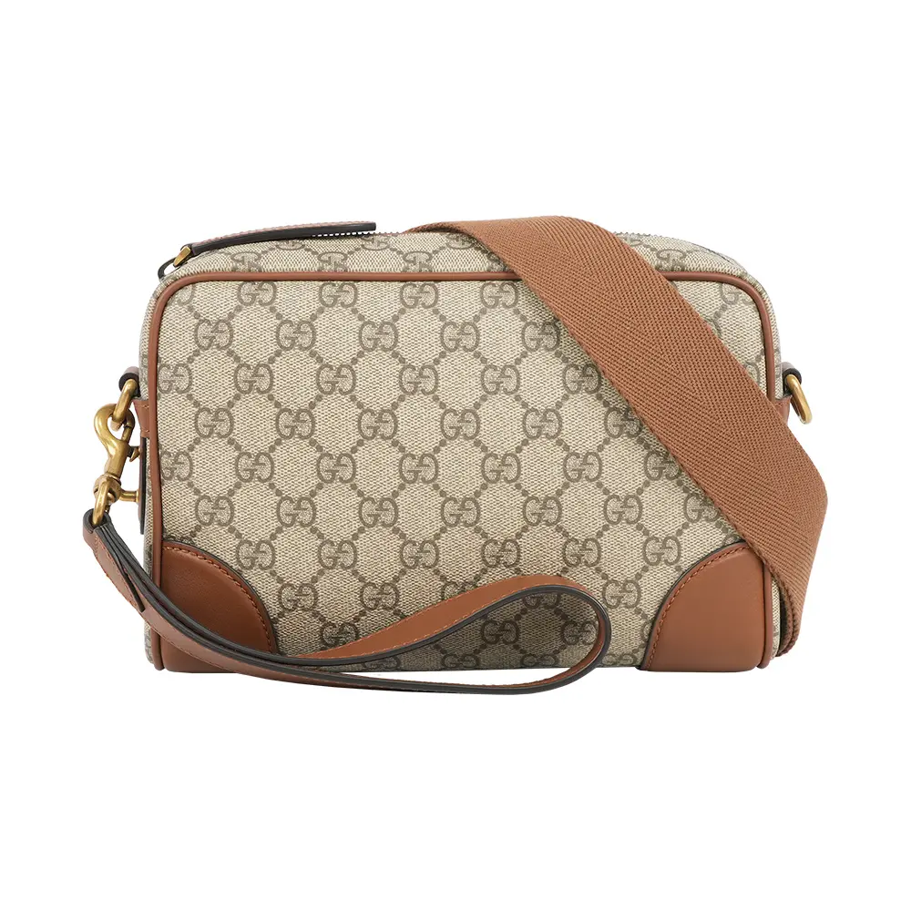 【GUCCI】GG Emblem 小款拉鍊斜背包(烏木/深棕色)/ 平行輸入