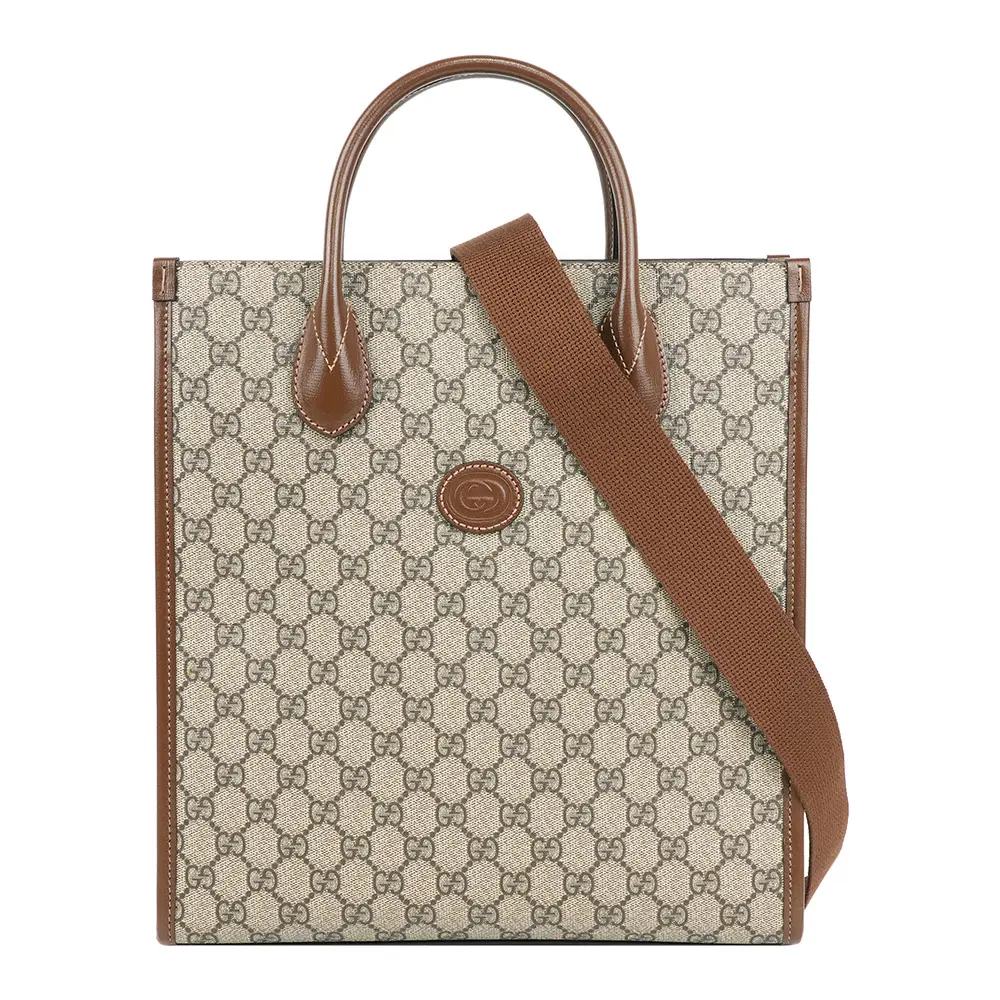 【GUCCI】Interlocking G 塗層帆布及皮革托特包(棕色)/ 平行輸入
