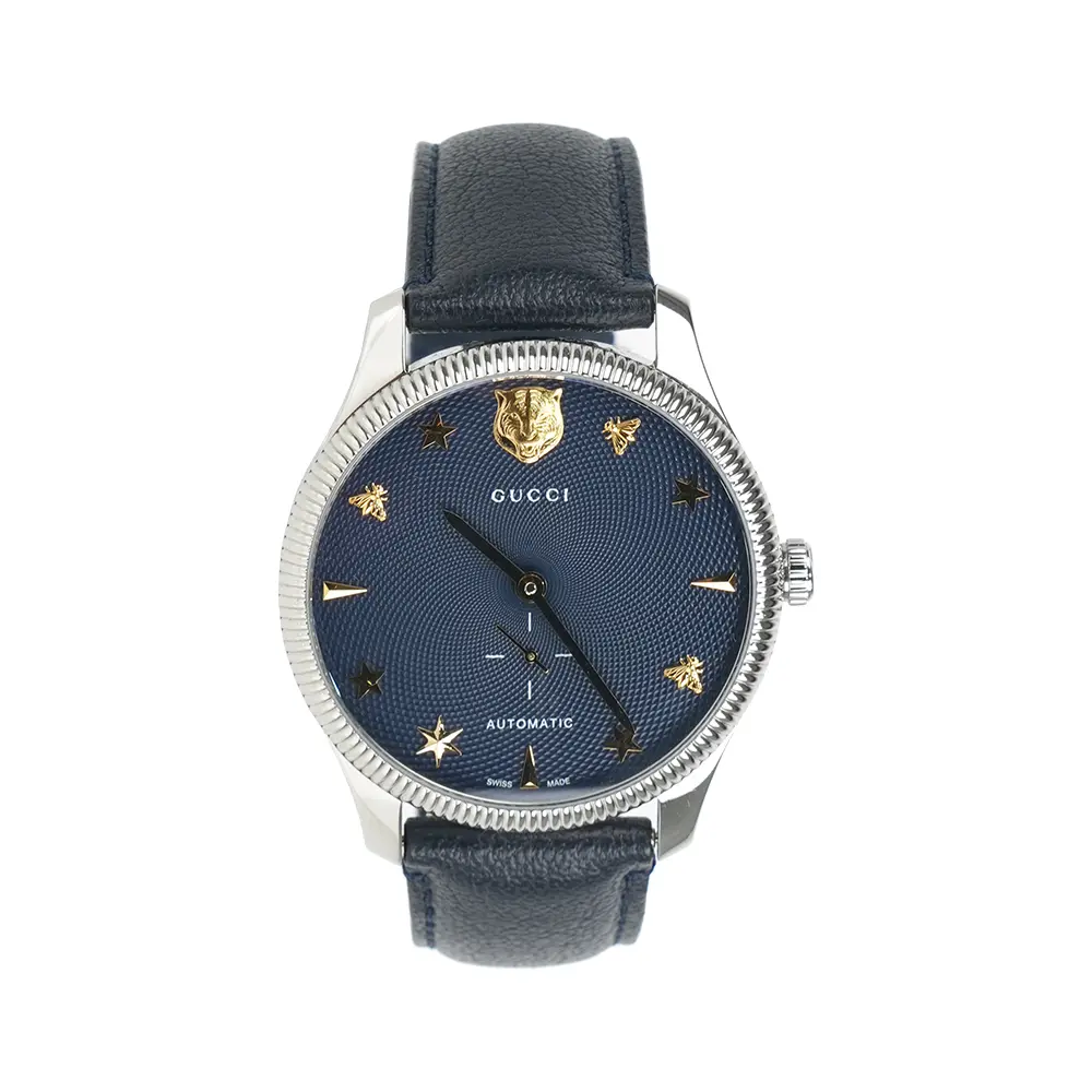 【GUCCI】G-Timeless 虎頭及蜜蜂星星圖案機械錶(深藍色)/ 平行輸入