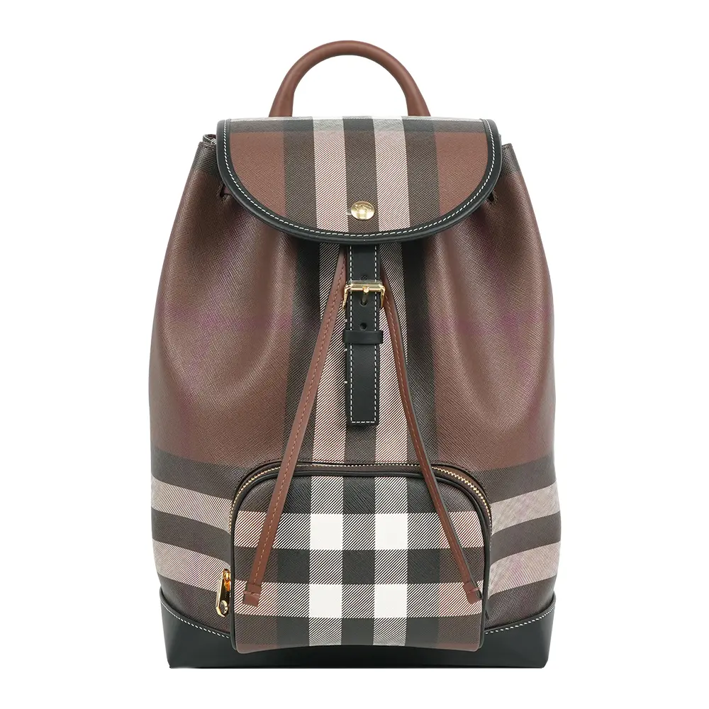 【BURBERRY】經典格紋翻蓋束口後背包(暗樺木棕色)/ 平行輸入