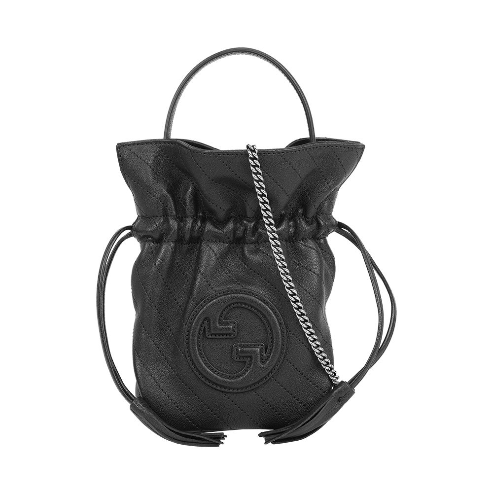 【GUCCI】Blondie 縫線皮革束口迷你水桶包(黑色)/ 平行輸入